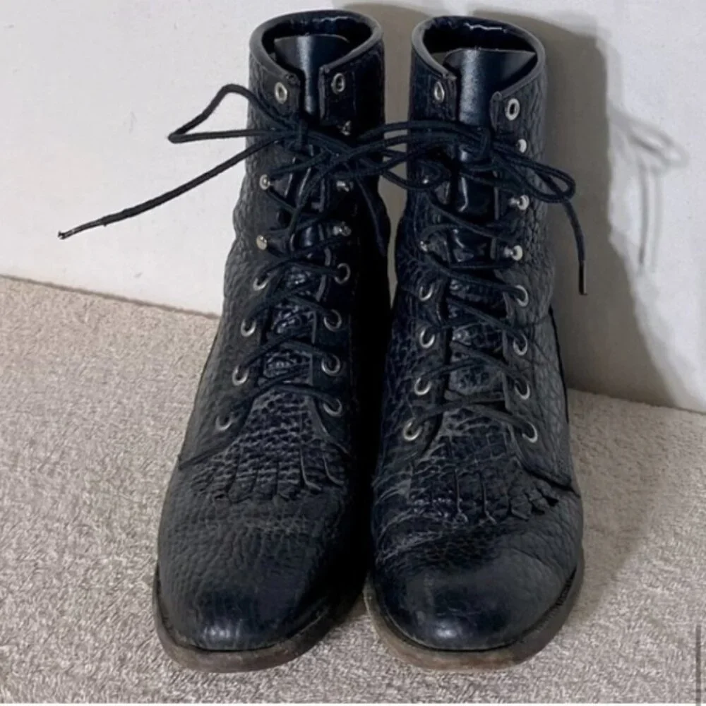 Vintage Justin Boots Black Pebbled Leather Lace Up Packer Boots 6 - Picture 13 of 13